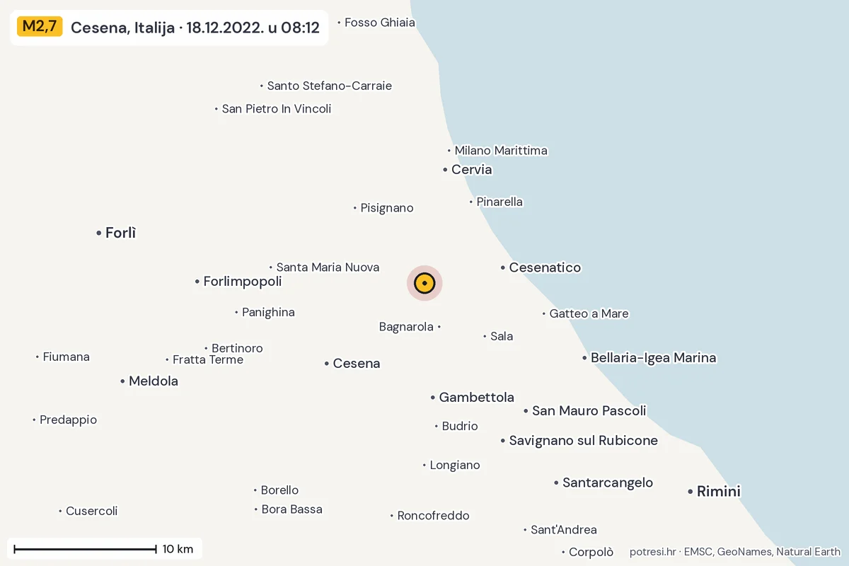 Karta: okolica epicentra, 60 km, potres M2,7, Cesena, Italija, 18.12.2022.