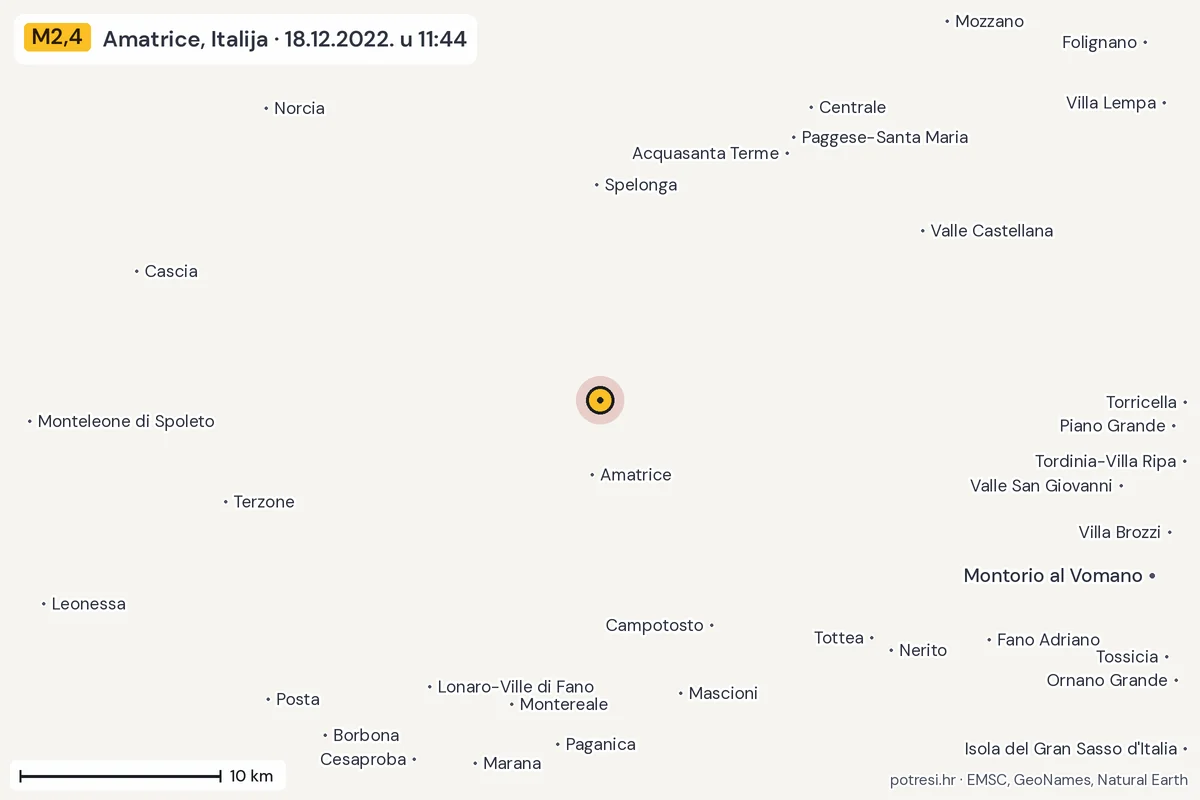 Karta: okolica epicentra, 60 km, potres M2,4, Amatrice, Italija, 18.12.2022.