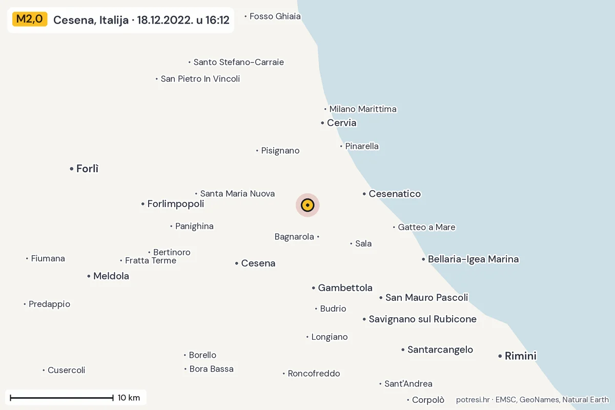 Karta: okolica epicentra, 60 km, potres M2,0, Cesena, Italija, 18.12.2022.