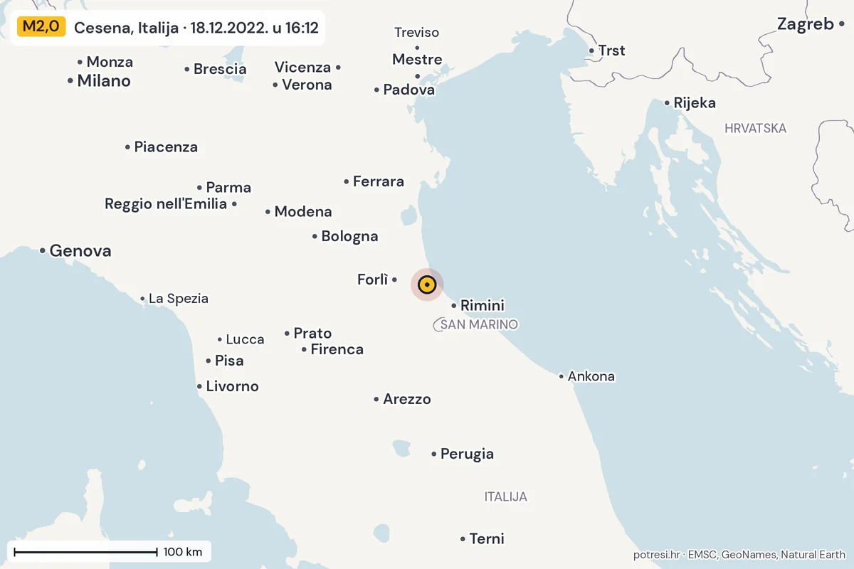 Karta: šire područje, 600 km, potres M2,0, Cesena, Italija, 18.12.2022.