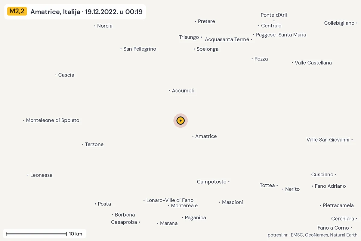 Karta: okolica epicentra, 60 km, potres M2,2, Amatrice, Italija, 19.12.2022.