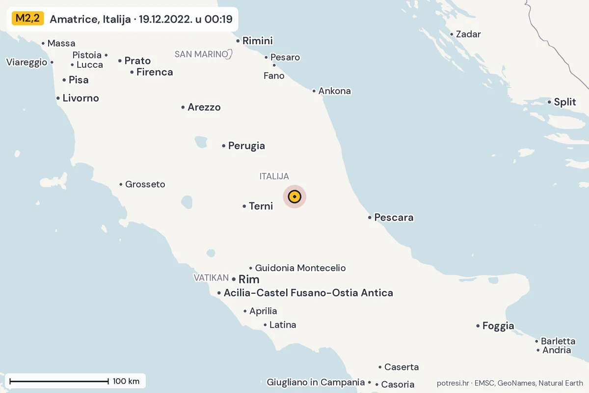 Karta: šire područje, 600 km, potres M2,2, Amatrice, Italija, 19.12.2022.