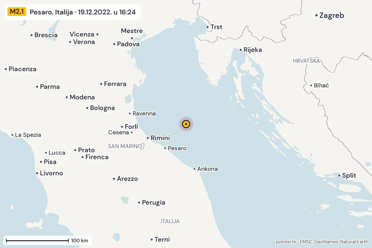 Karta: šire područje, 600 km, potres M2,1, Pesaro, Italija, 19.12.2022.