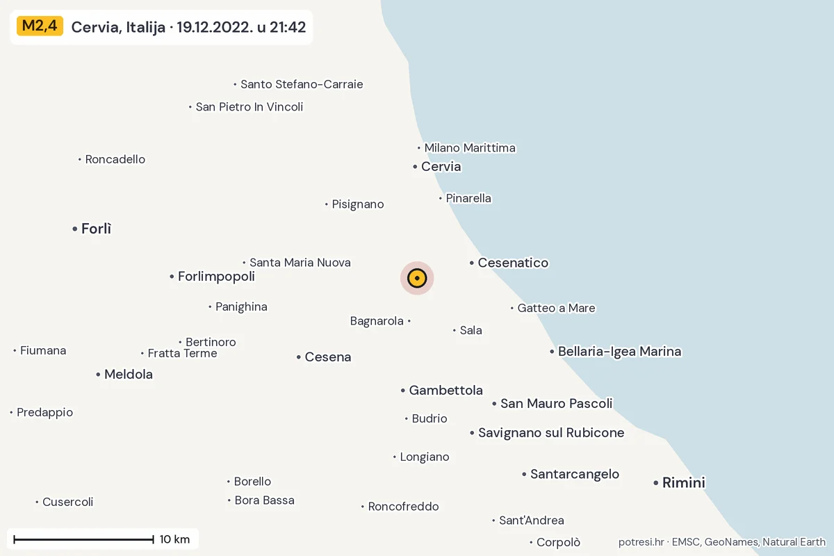 Karta: okolica epicentra, 60 km, potres M2,4, Cervia, Italija, 19.12.2022.