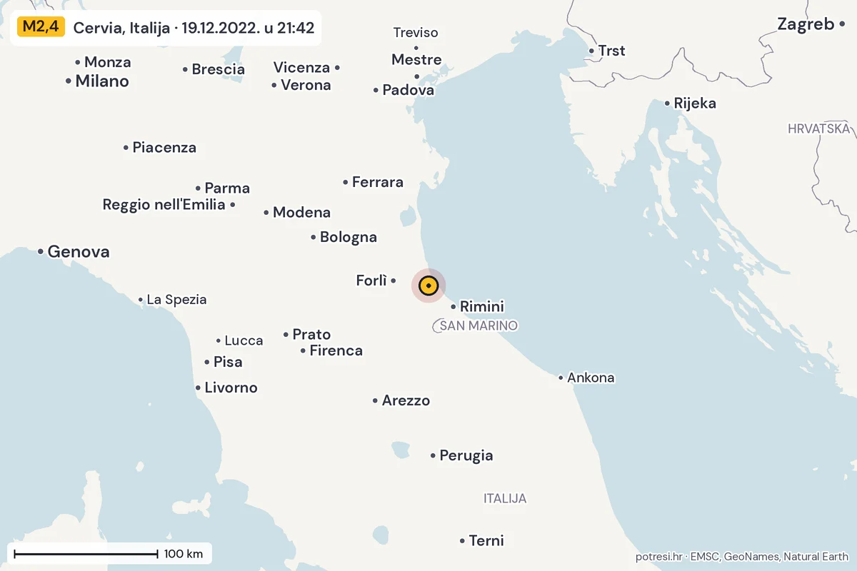 Karta: šire područje, 600 km, potres M2,4, Cervia, Italija, 19.12.2022.