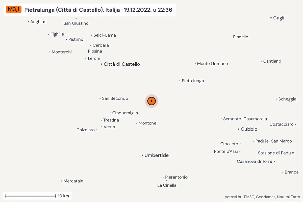 Karta: okolica epicentra, 60 km, potres M3,1, Pietralunga (Città di Castello), Italija, 19.12.2022.