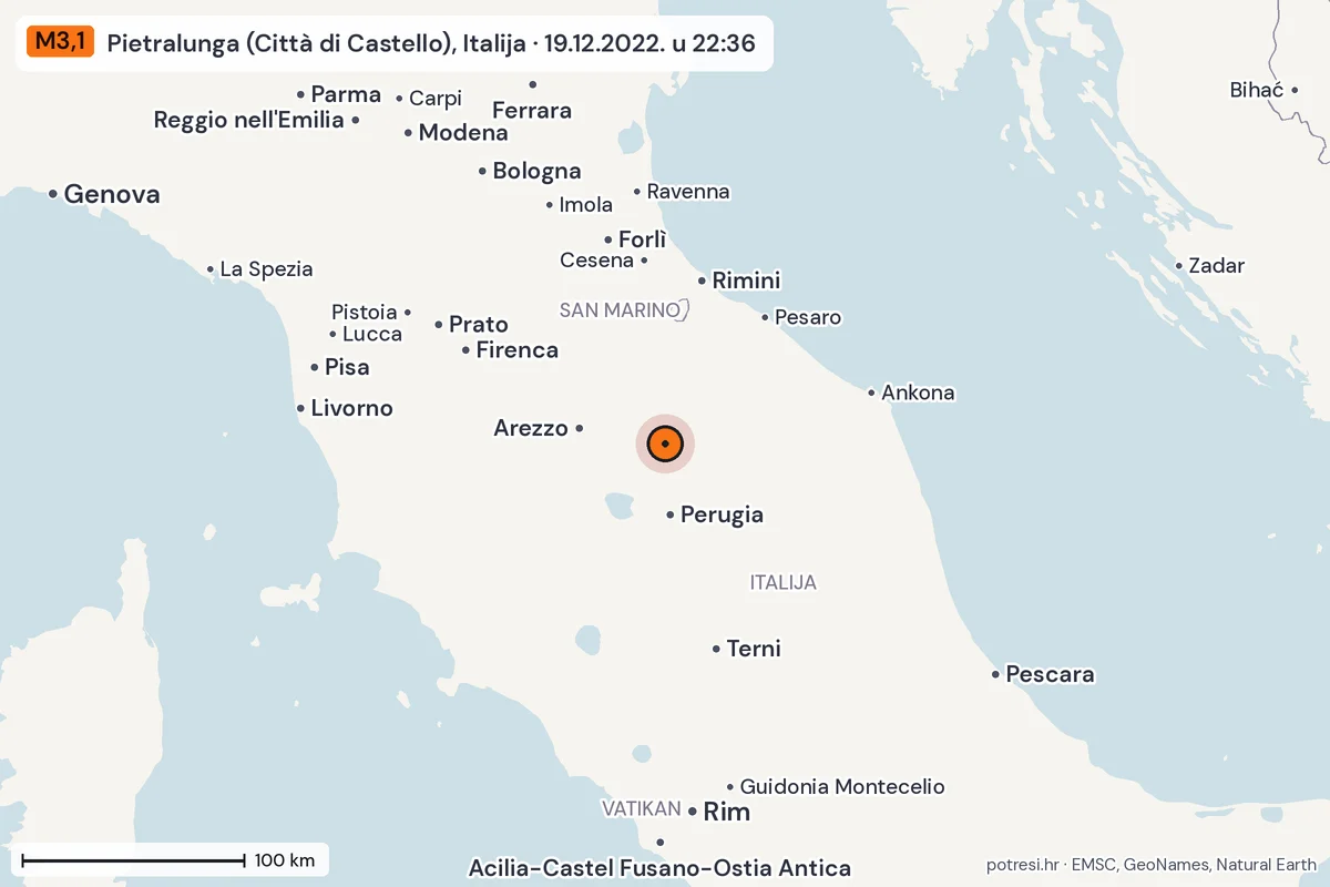 Karta: šire područje, 600 km, potres M3,1, Pietralunga (Città di Castello), Italija, 19.12.2022.
