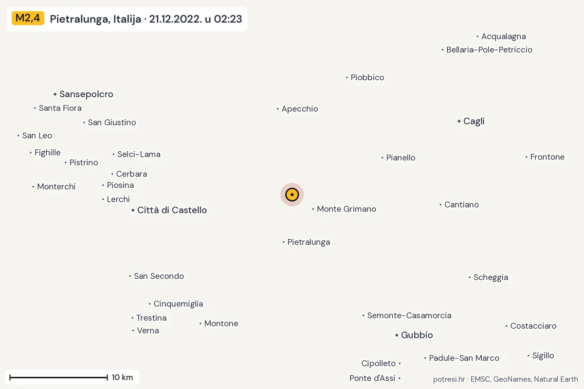 Karta: okolica epicentra, 60 km, potres M2,4, Pietralunga, Italija, 21.12.2022.