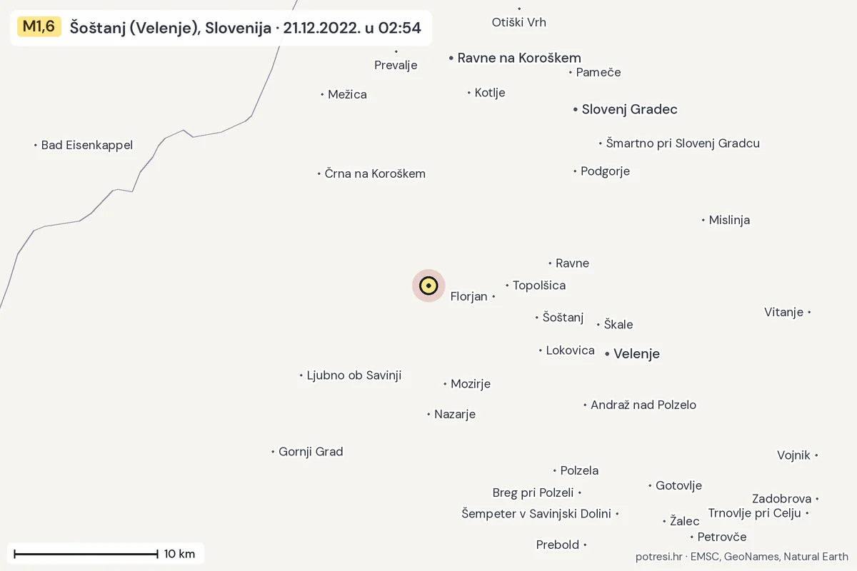 Karta: okolica epicentra, 60 km, potres M1,6, Šoštanj (Velenje), Slovenija, 21.12.2022.