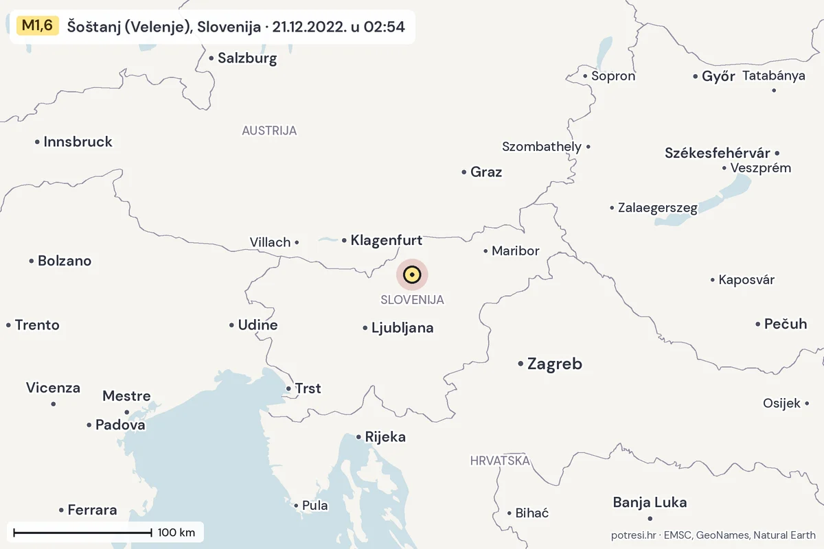 Karta: šire područje, 600 km, potres M1,6, Šoštanj (Velenje), Slovenija, 21.12.2022.