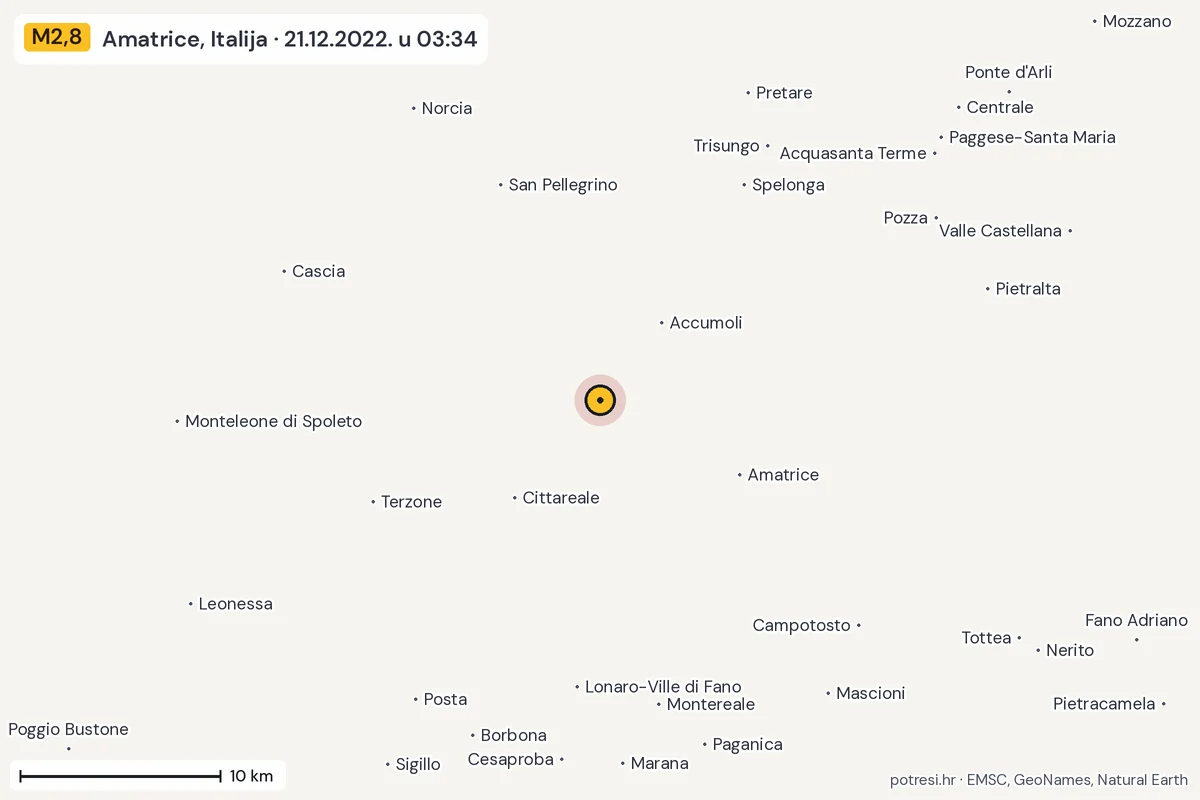 Karta: okolica epicentra, 60 km, potres M2,8, Amatrice, Italija, 21.12.2022.