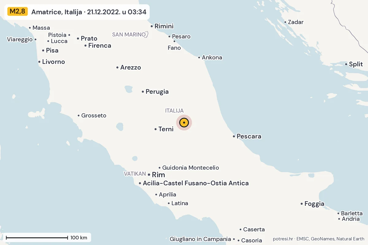 Karta: šire područje, 600 km, potres M2,8, Amatrice, Italija, 21.12.2022.