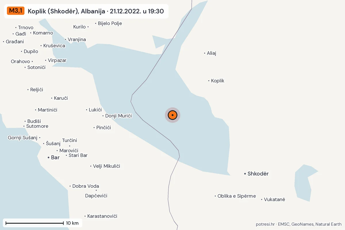 Karta: okolica epicentra, 60 km, potres M3,1, Koplik (Shkodër), Albanija, 21.12.2022.