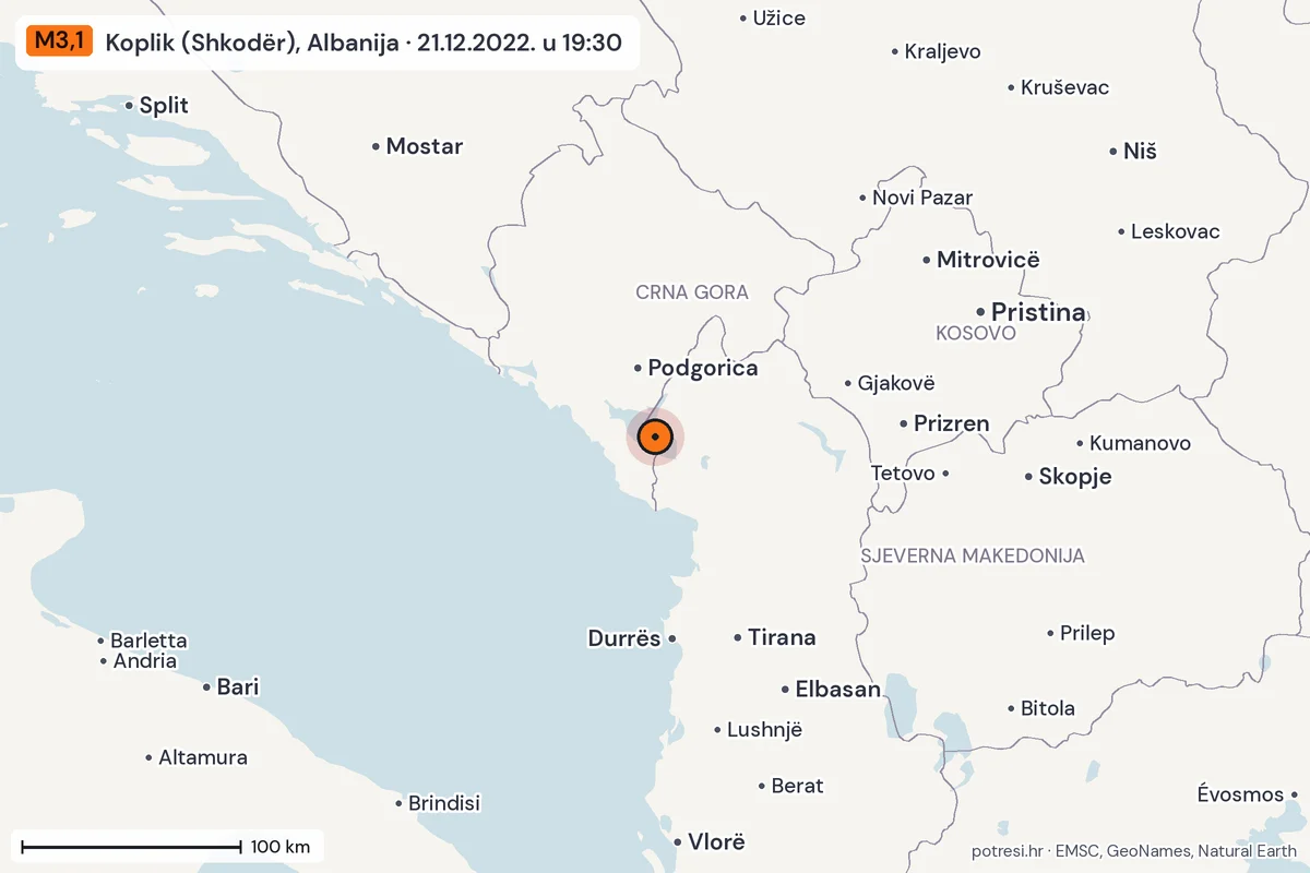 Karta: šire područje, 600 km, potres M3,1, Koplik (Shkodër), Albanija, 21.12.2022.