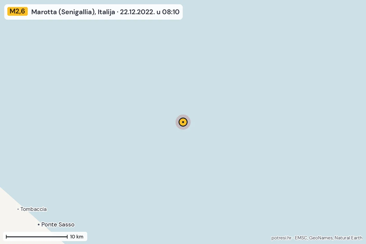 Karta: okolica epicentra, 60 km, potres M2,6, Marotta (Senigallia), Italija, 22.12.2022.