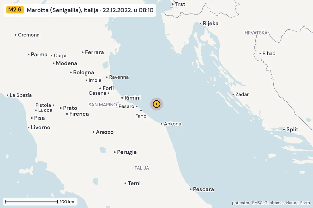 Karta: šire područje, 600 km, potres M2,6, Marotta (Senigallia), Italija, 22.12.2022.