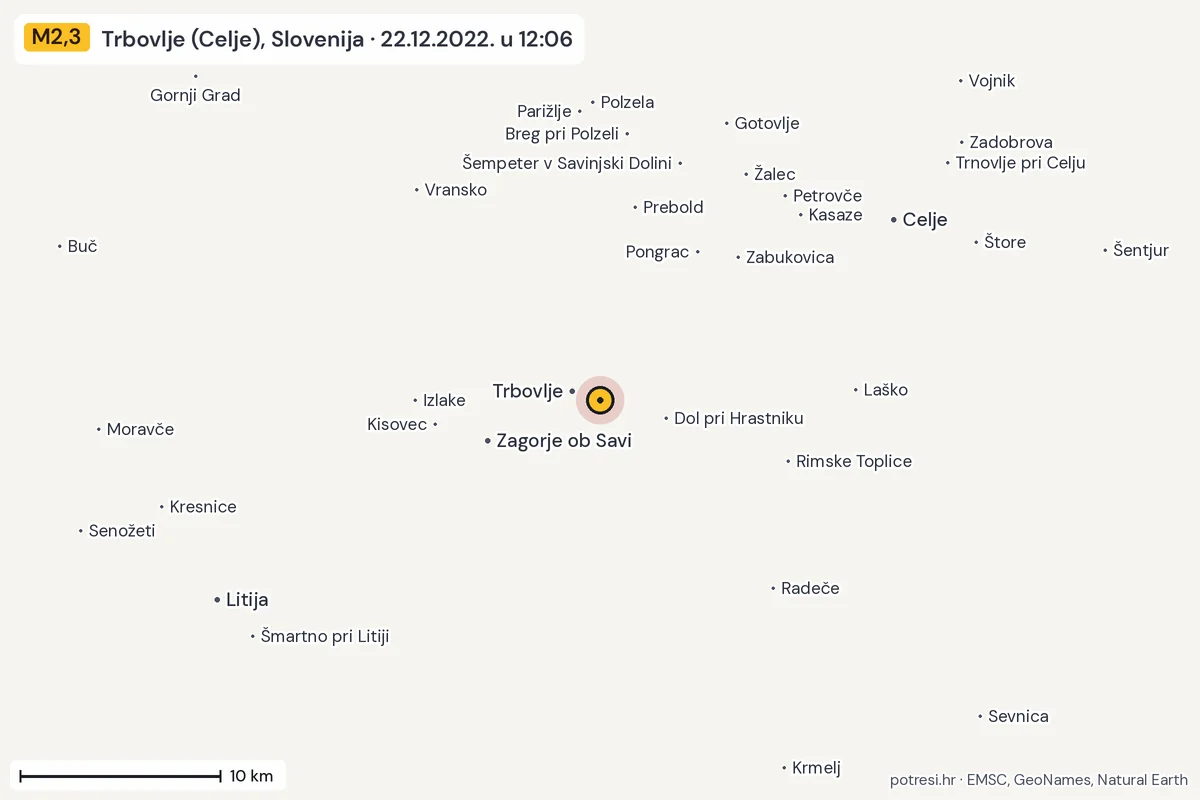 Karta: okolica epicentra, 60 km, potres M2,3, Trbovlje (Celje), Slovenija, 22.12.2022.