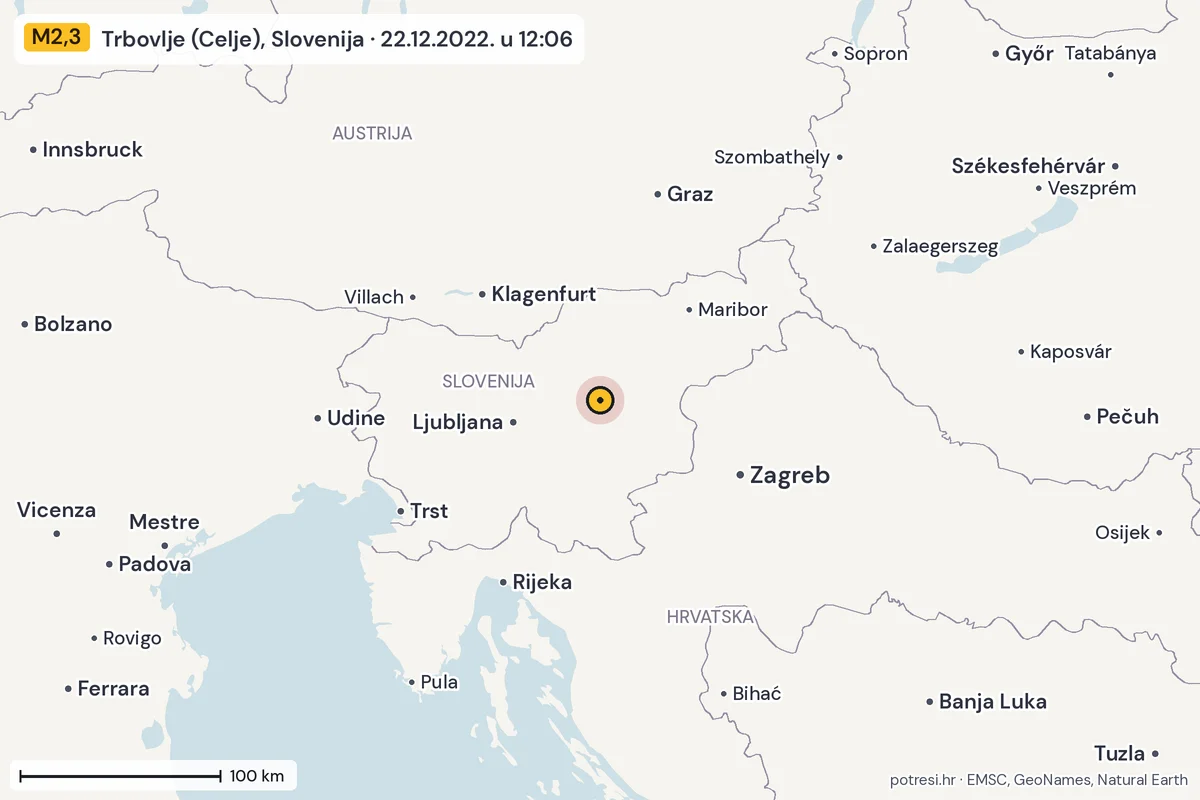 Karta: šire područje, 600 km, potres M2,3, Trbovlje (Celje), Slovenija, 22.12.2022.