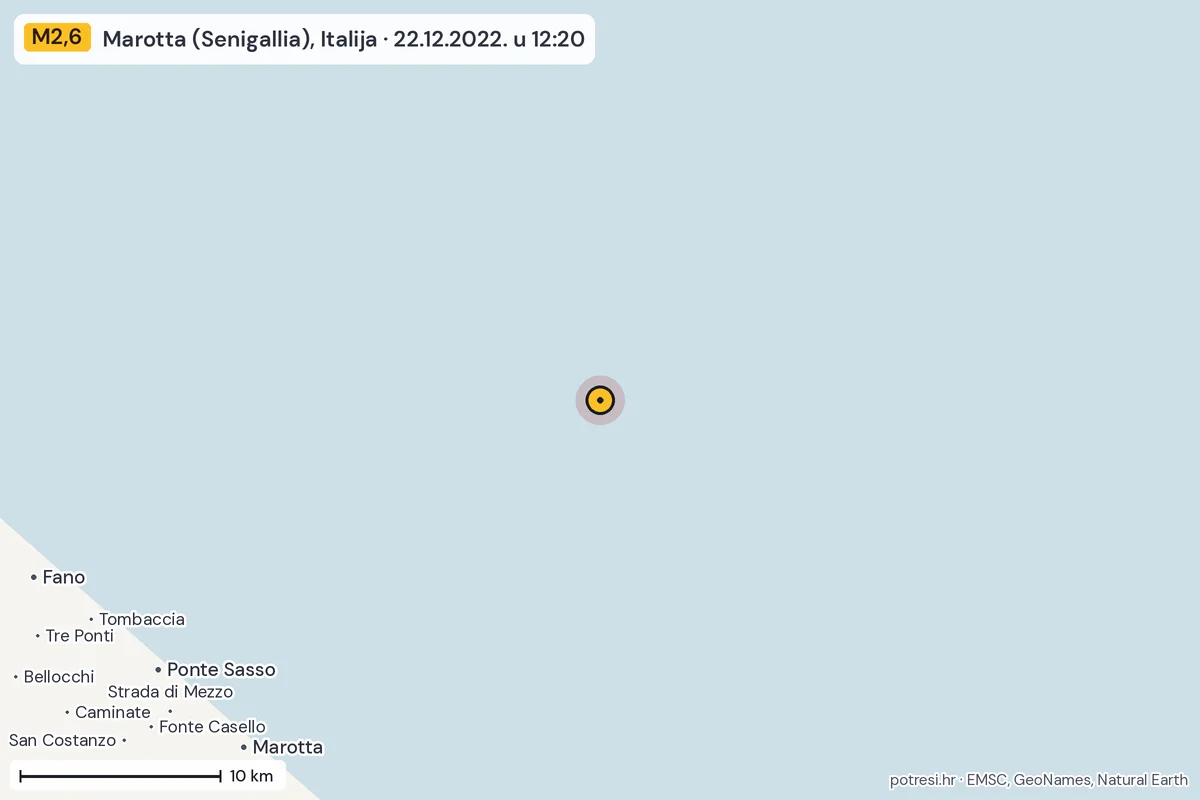 Karta: okolica epicentra, 60 km, potres M2,6, Marotta (Senigallia), Italija, 22.12.2022.