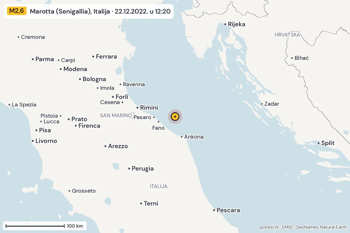 Karta: šire područje, 600 km, potres M2,6, Marotta (Senigallia), Italija, 22.12.2022.