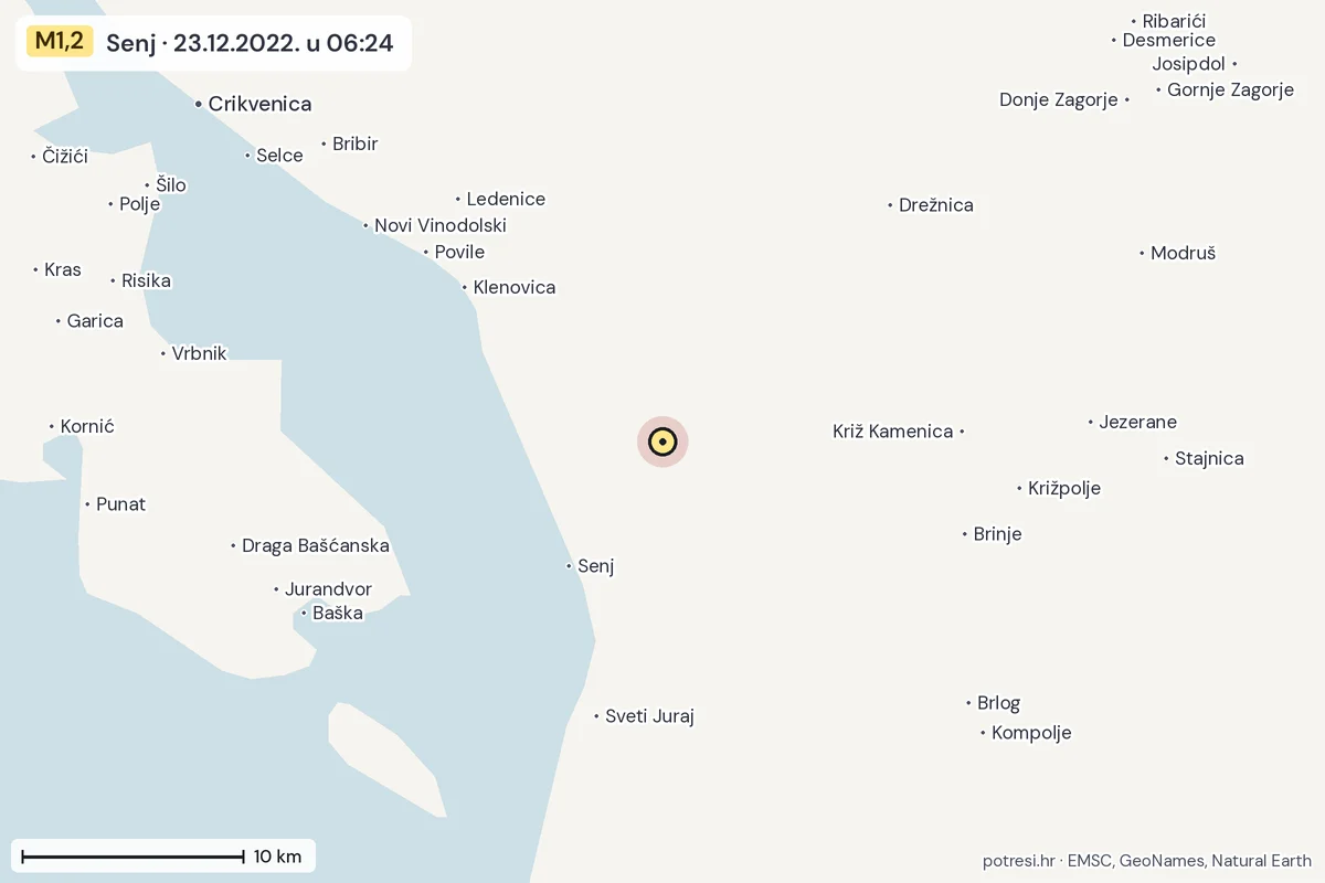 Karta: okolica epicentra, 60 km, potres M1,2, Senj, 23.12.2022.