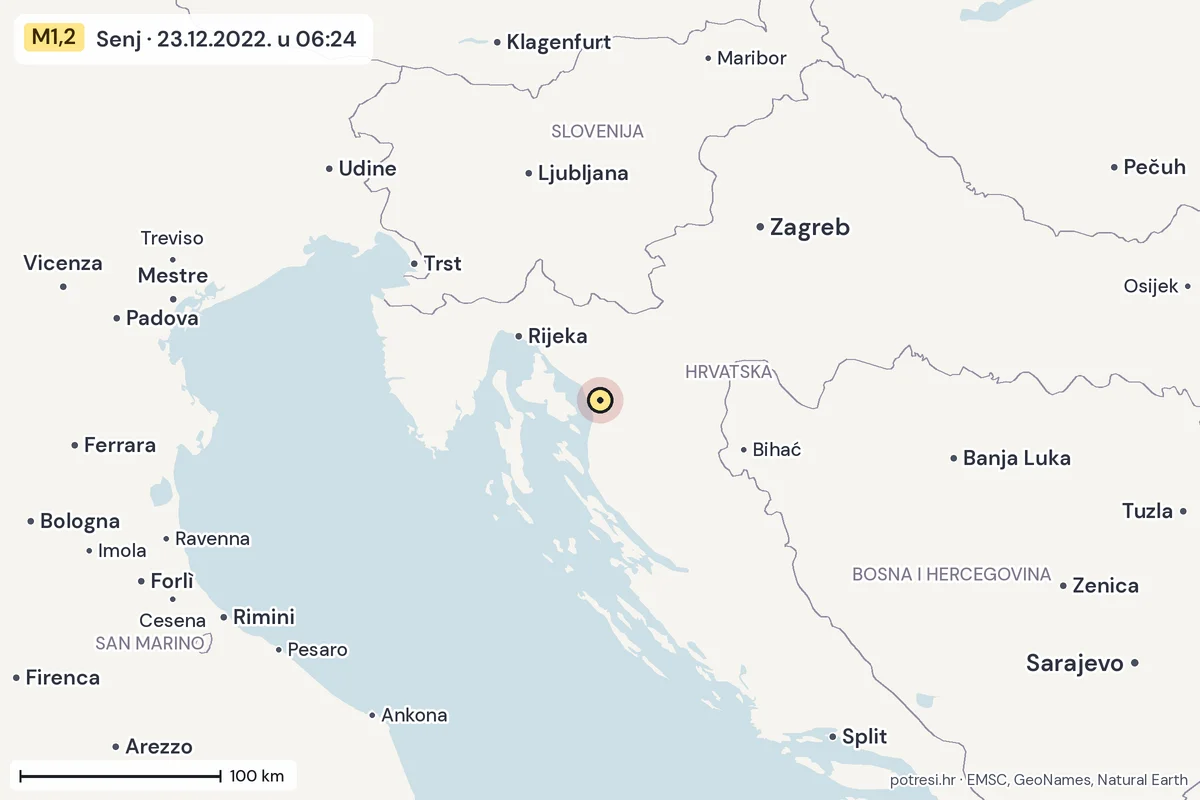 Karta: šire područje, 600 km, potres M1,2, Senj, 23.12.2022.