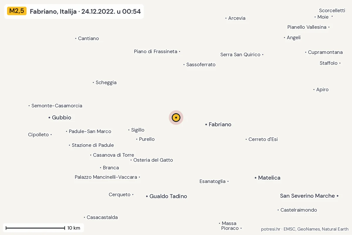 Karta: okolica epicentra, 60 km, potres M2,5, Fabriano, Italija, 24.12.2022.
