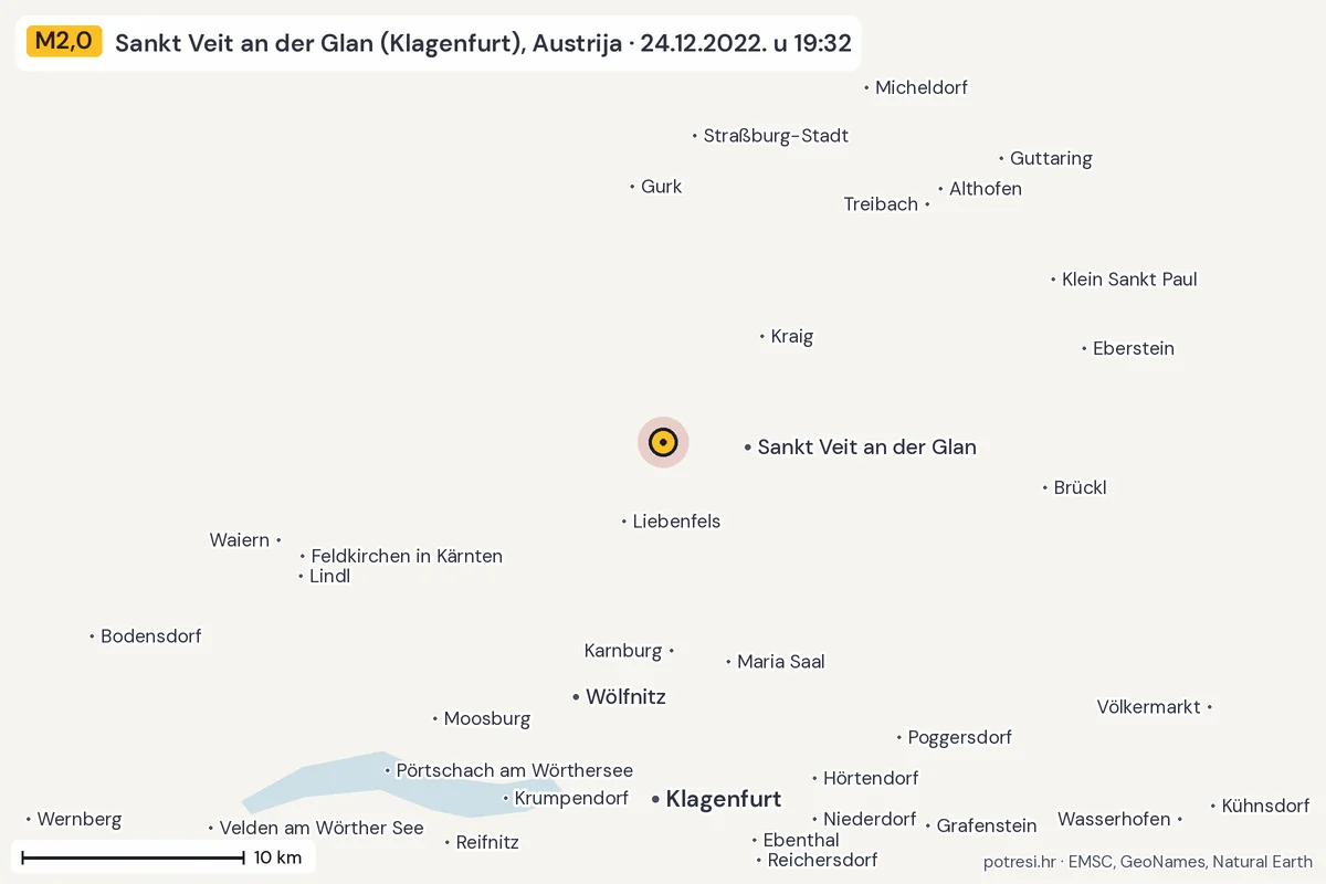 Karta: okolica epicentra, 60 km, potres M2,0, Sankt Veit an der Glan (Klagenfurt), Austrija, 24.12.2022.