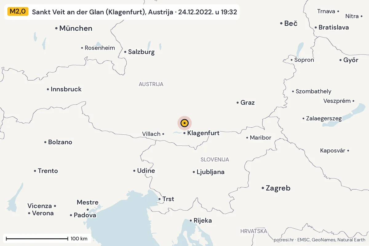 Karta: šire područje, 600 km, potres M2,0, Sankt Veit an der Glan (Klagenfurt), Austrija, 24.12.2022.