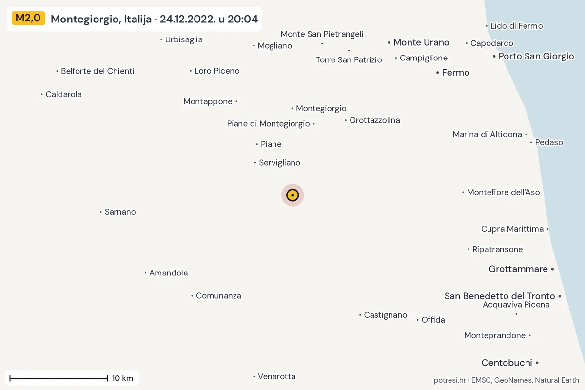 Karta: okolica epicentra, 60 km, potres M2,0, Montegiorgio, Italija, 24.12.2022.