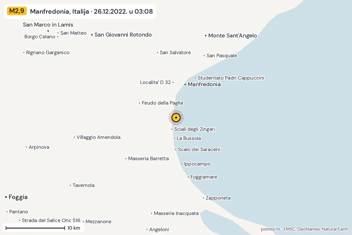 Karta: okolica epicentra, 60 km, potres M2,9, Manfredonia, Italija, 26.12.2022.
