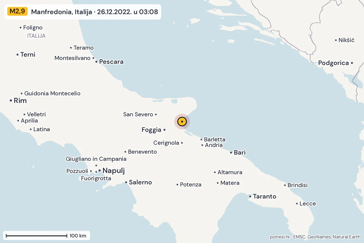 Karta: šire područje, 600 km, potres M2,9, Manfredonia, Italija, 26.12.2022.