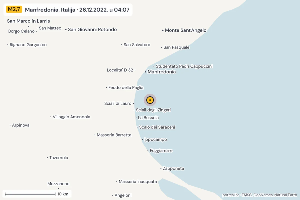 Karta: okolica epicentra, 60 km, potres M2,7, Manfredonia, Italija, 26.12.2022.