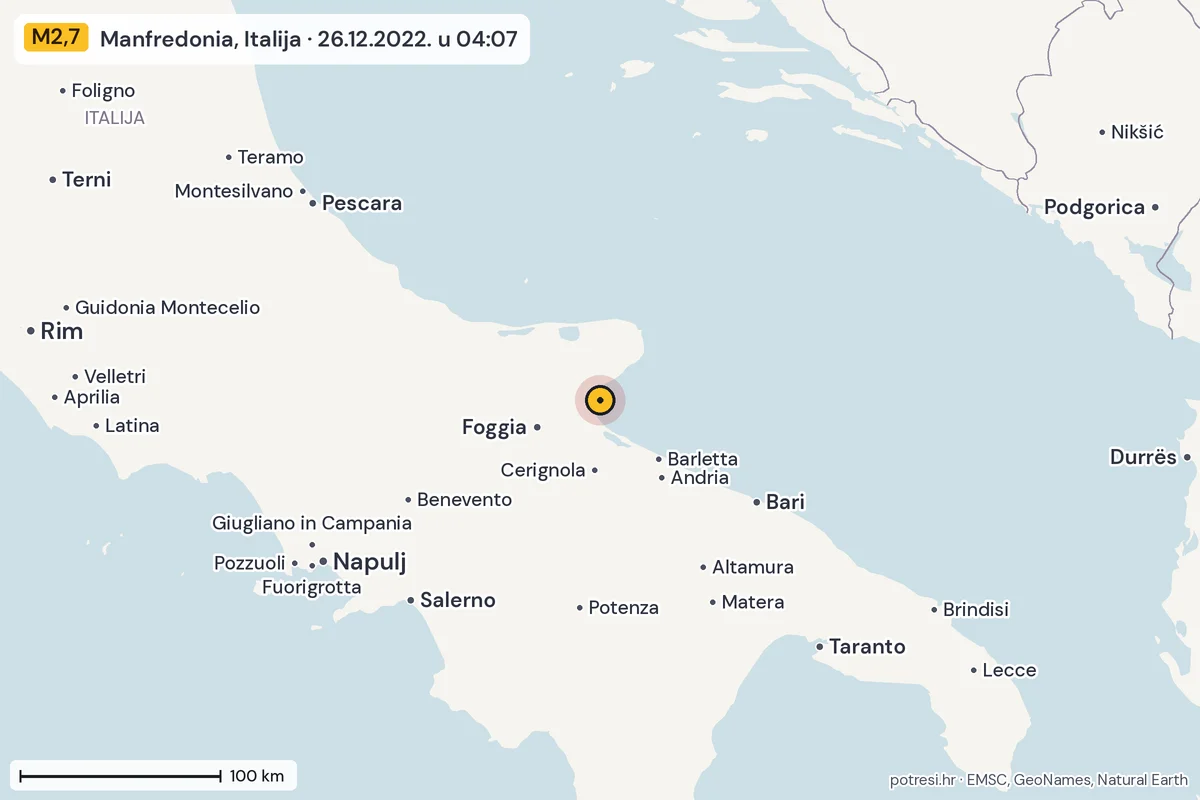 Karta: šire područje, 600 km, potres M2,7, Manfredonia, Italija, 26.12.2022.