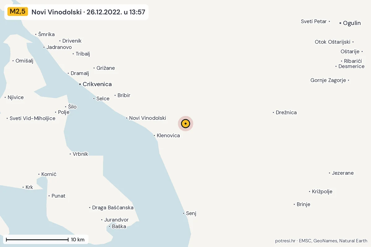 Karta: okolica epicentra, 60 km, potres M2,5, Novi Vinodolski, 26.12.2022.
