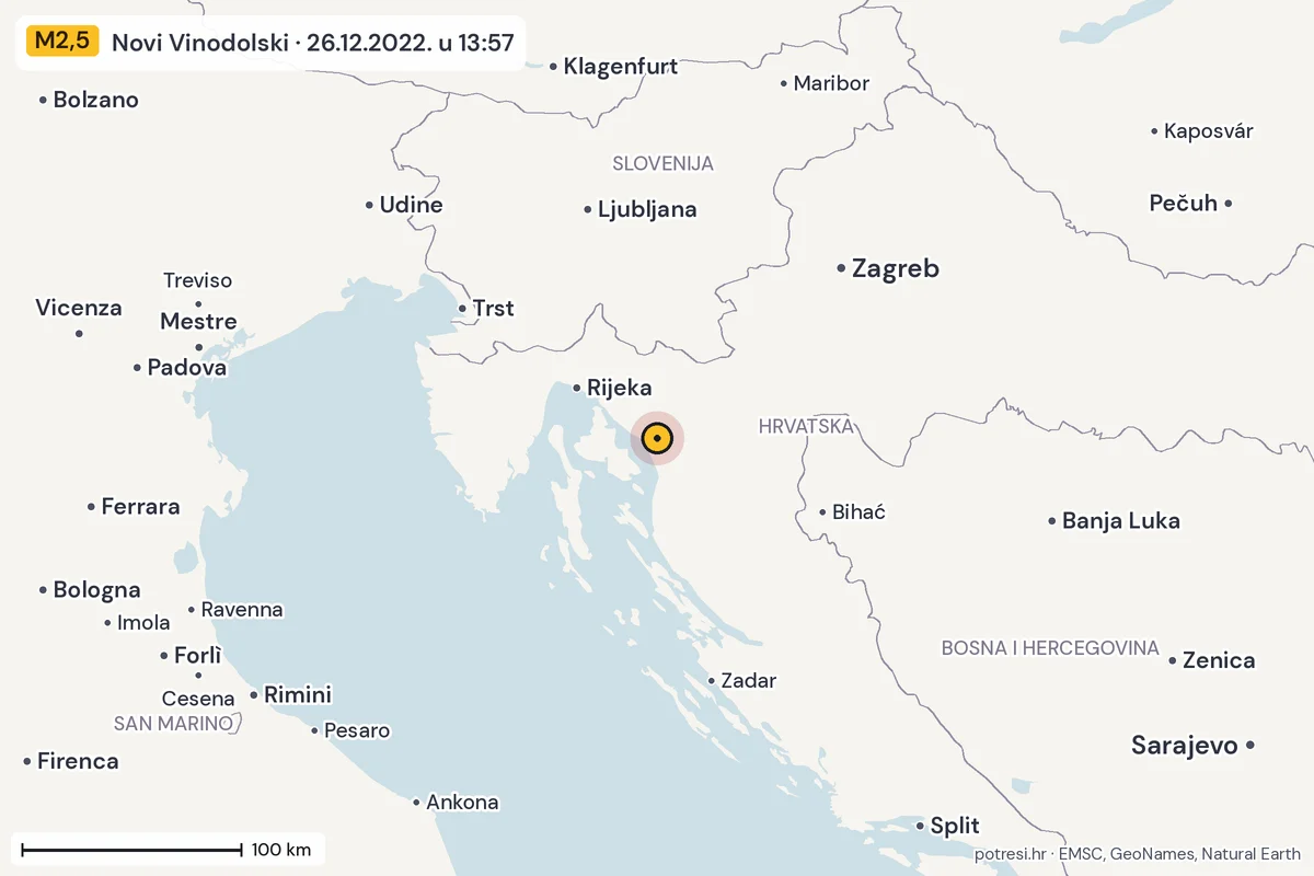 Karta: šire područje, 600 km, potres M2,5, Novi Vinodolski, 26.12.2022.