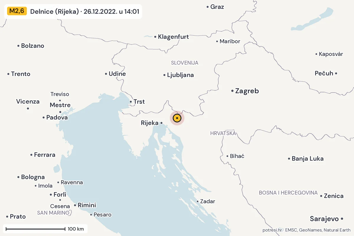 Karta: šire područje, 600 km, potres M2,6, Delnice (Rijeka), 26.12.2022.