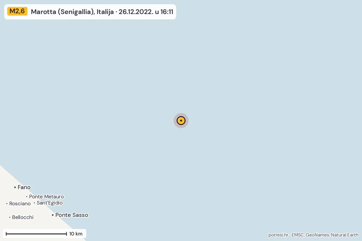 Karta: okolica epicentra, 60 km, potres M2,6, Marotta (Senigallia), Italija, 26.12.2022.