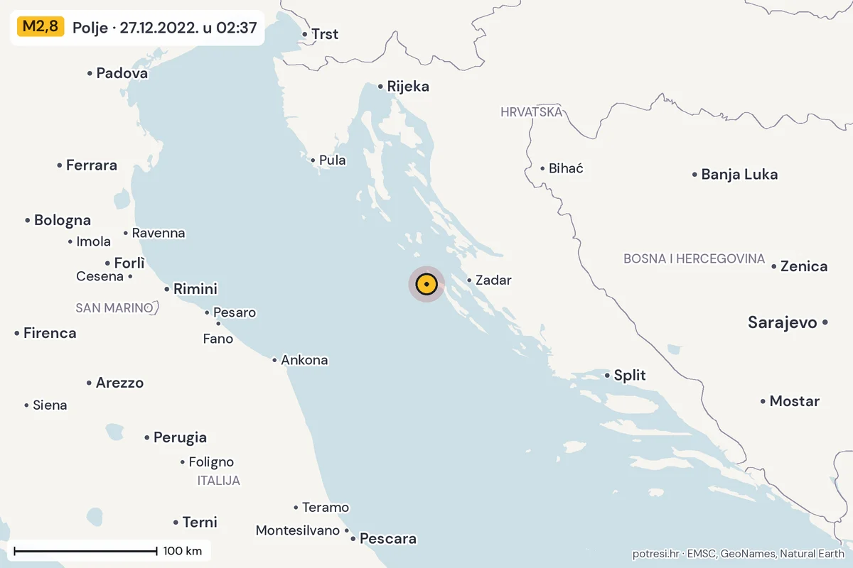 Karta: šire područje, 600 km, potres M2,8, Polje, 27.12.2022.