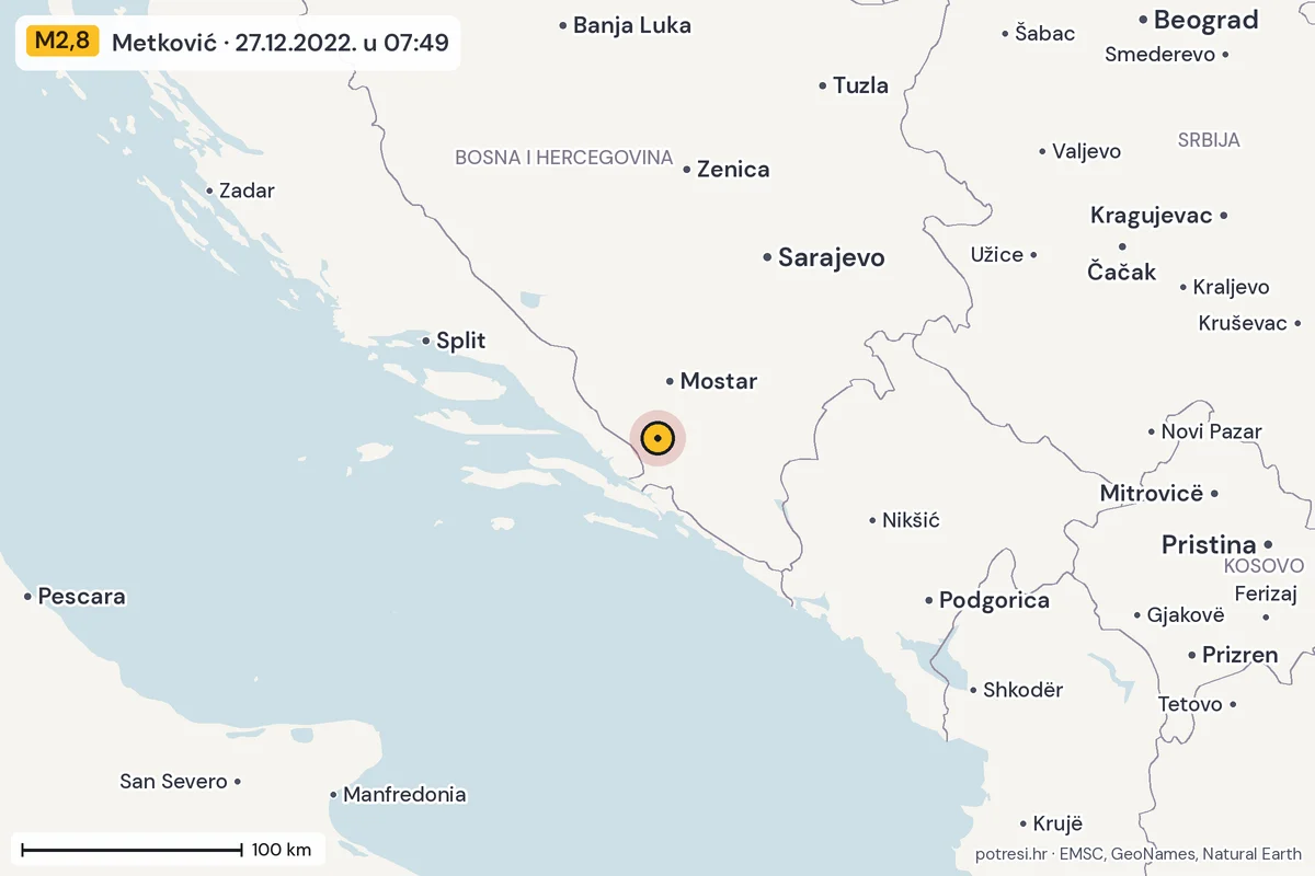 Karta: šire područje, 600 km, potres M2,8, Metković, 27.12.2022.