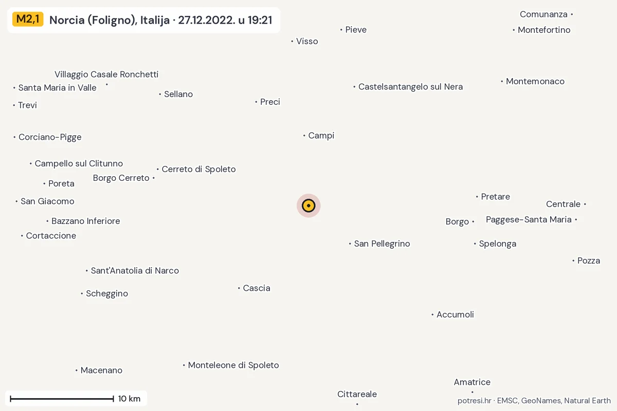 Karta: okolica epicentra, 60 km, potres M2,1, Norcia (Foligno), Italija, 27.12.2022.