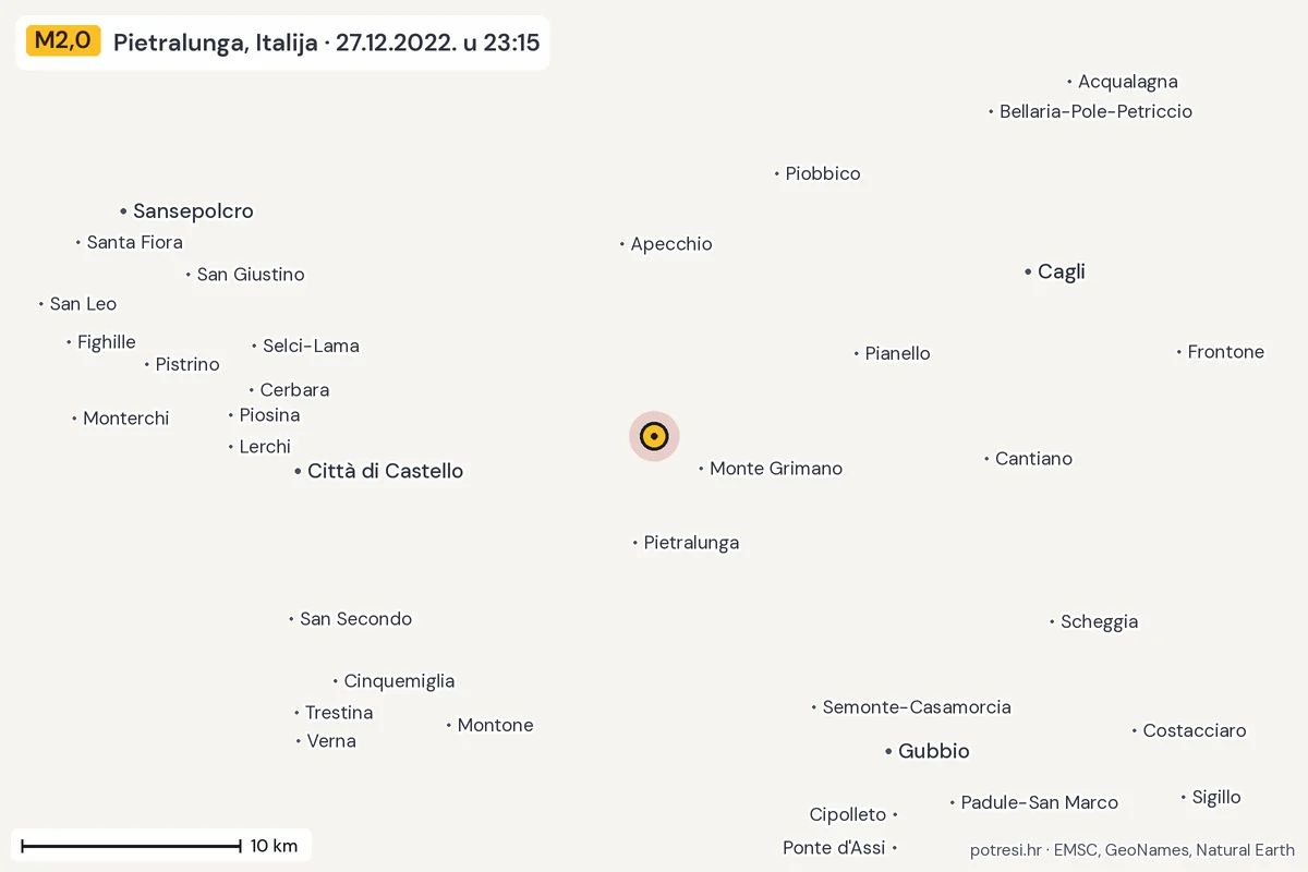 Karta: okolica epicentra, 60 km, potres M2,0, Pietralunga, Italija, 27.12.2022.