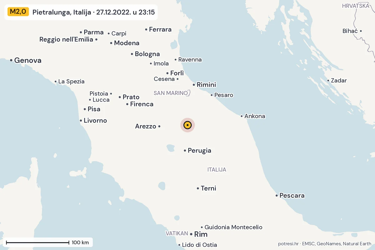 Karta: šire područje, 600 km, potres M2,0, Pietralunga, Italija, 27.12.2022.