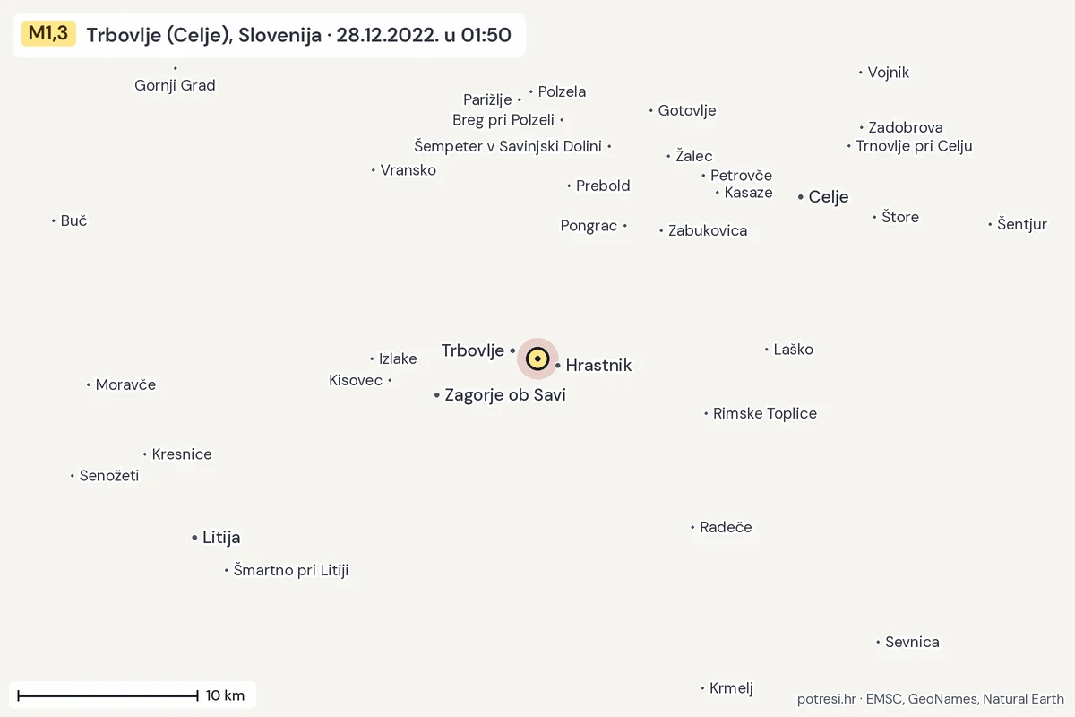 Karta: okolica epicentra, 60 km, potres M1,3, Trbovlje (Celje), Slovenija, 28.12.2022.