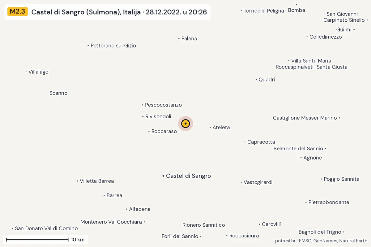 Karta: okolica epicentra, 60 km, potres M2,3, Castel di Sangro (Sulmona), Italija, 28.12.2022.
