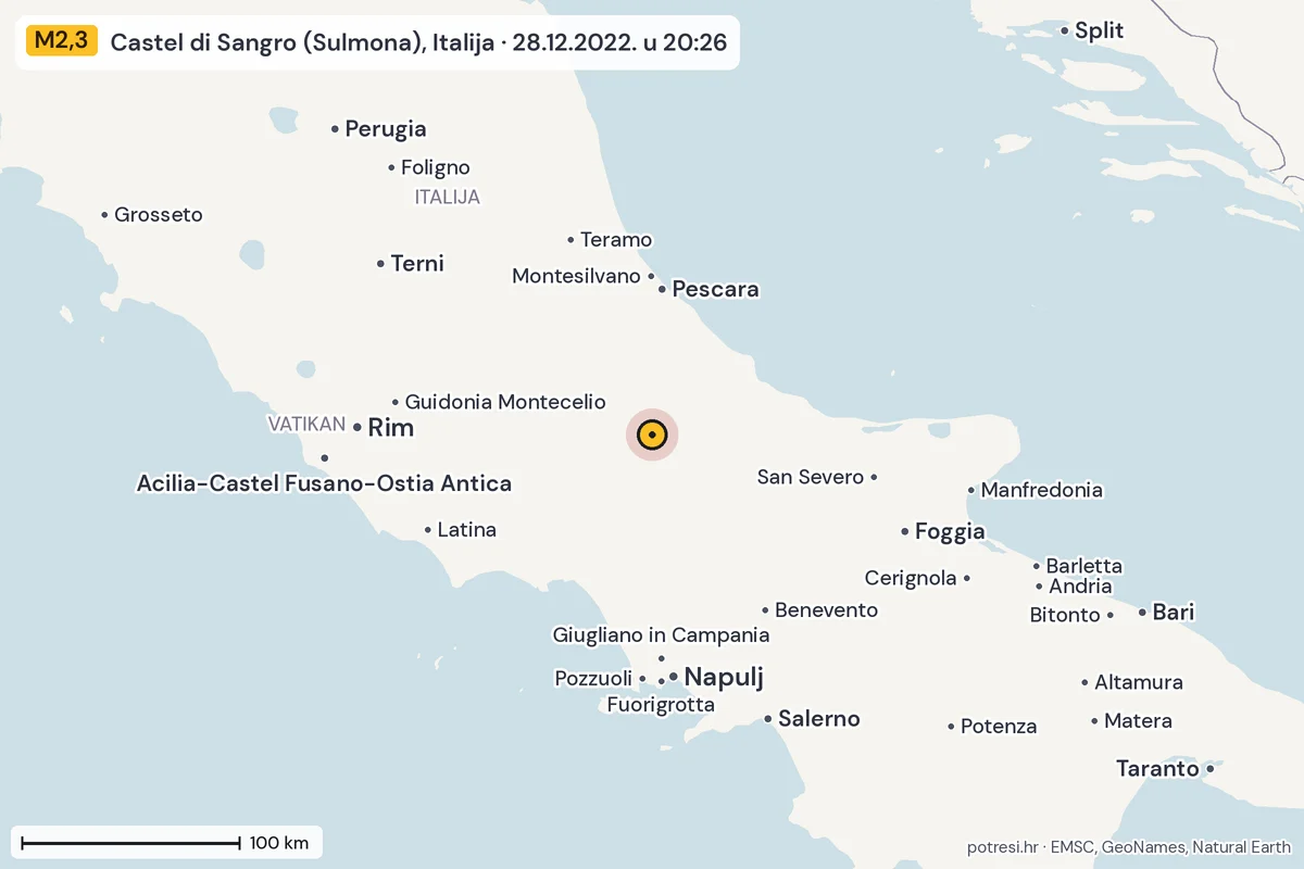Karta: šire područje, 600 km, potres M2,3, Castel di Sangro (Sulmona), Italija, 28.12.2022.