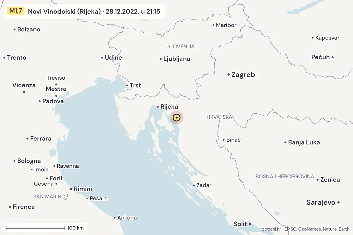 Karta: šire područje, 600 km, potres M1,7, Novi Vinodolski (Rijeka), 28.12.2022.