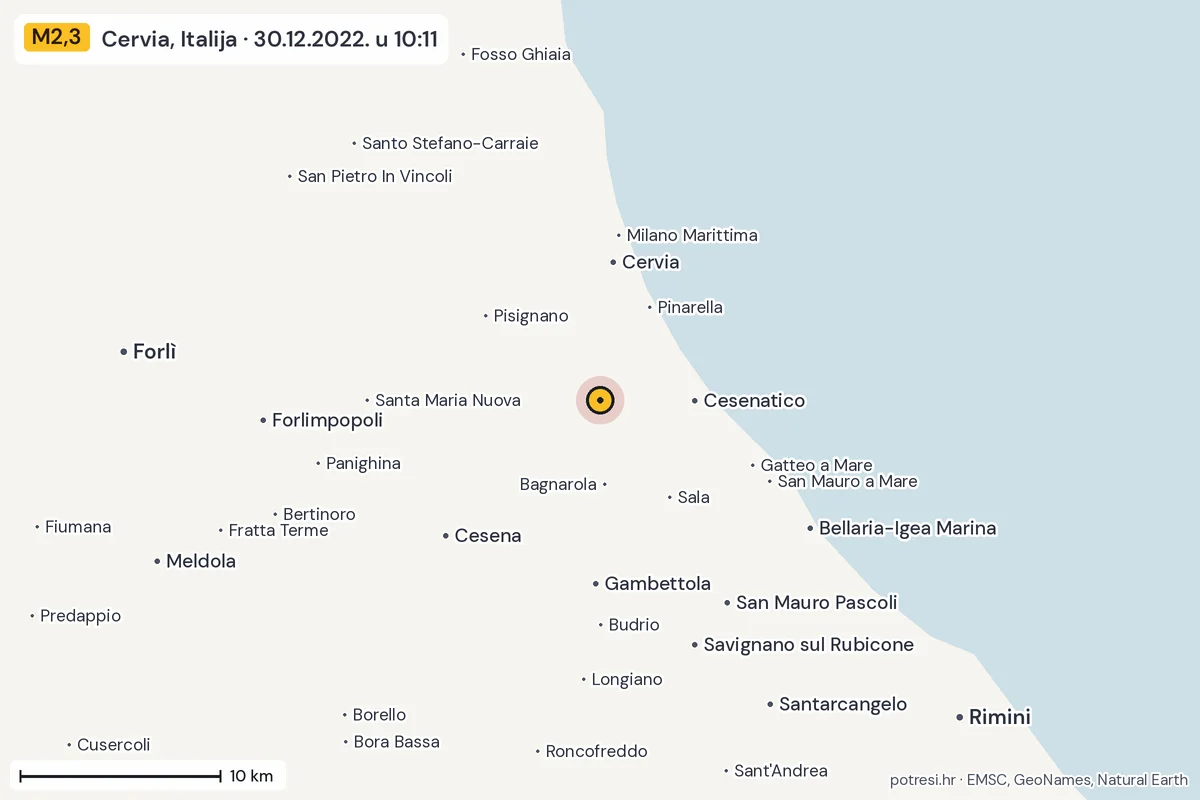 Karta: okolica epicentra, 60 km, potres M2,3, Cervia, Italija, 30.12.2022.