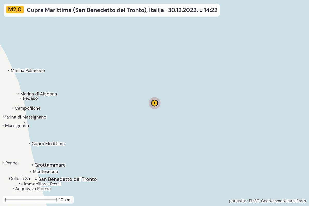 Karta: okolica epicentra, 60 km, potres M2,0, Cupra Marittima (San Benedetto del Tronto), Italija, 30.12.2022.