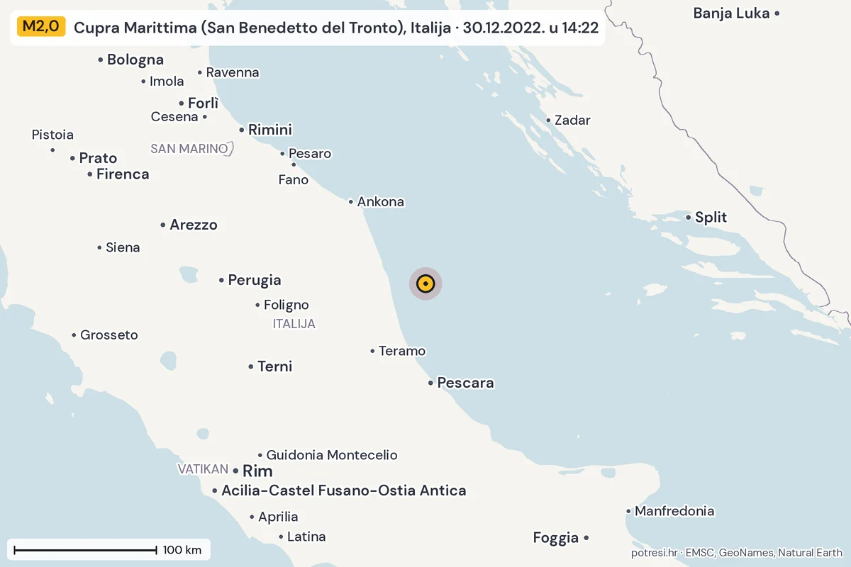 Karta: šire područje, 600 km, potres M2,0, Cupra Marittima (San Benedetto del Tronto), Italija, 30.12.2022.